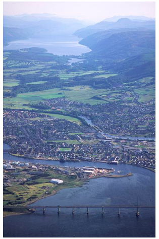 view of Kessock Bridge, towards Inverness including urban areas and hills