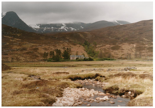 Monar Lodge surrounded by moorland and mountains