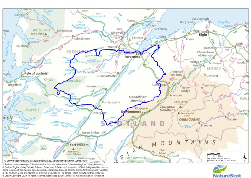 A map highlighting Inverness and surrounding areas. 