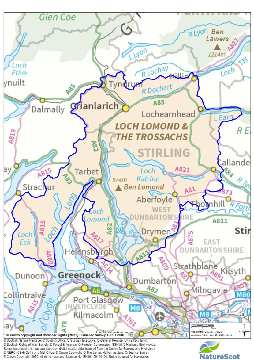 Map showing Loch Lomond and Trossachs National Park