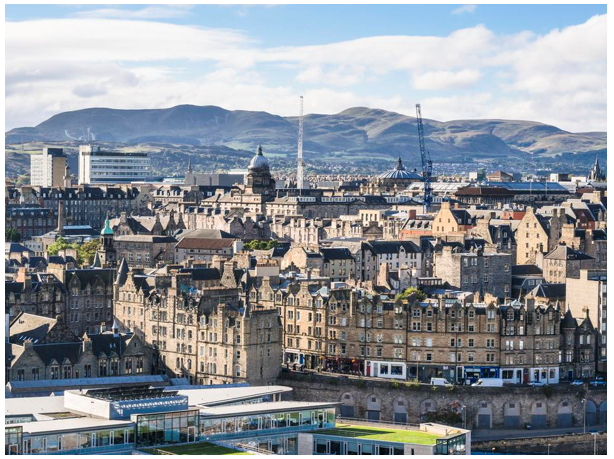 Edinburgh city centre with Pentland Hills in background