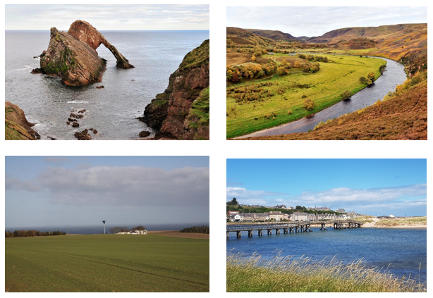 Title Page Photographs, clockwise from top left: Bow Fiddle rock and sea arch at Portknockie, Grampian Area. River Terraces on the Finhorn River at Daless near Drynachan Lodge. Lossiemouth and Mains of Cullen wind turbine, East of McDuff.