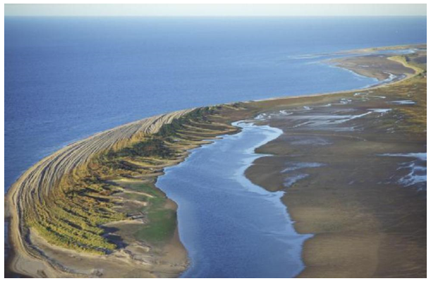 Aerial view of the dynamic Culbin Old Bar with dune ridges showing its development