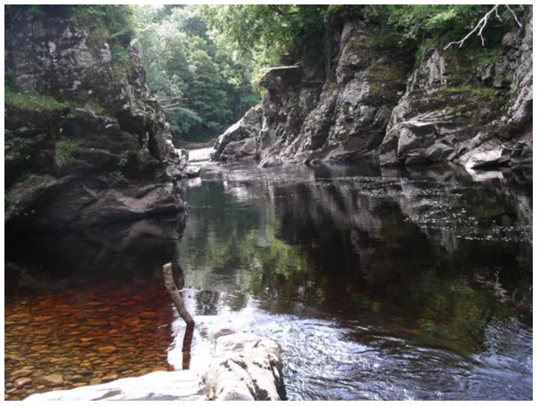 The steep sided gorge of Randolph's leap on the River Findhorn