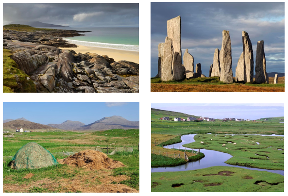 Title page photographs, clockwise from top left: Seilebost beach, Isle of Harris, Callanish standing stones, Isle of Lewis, Saltmarsh at Northton, Isle of Harris, and Straw stacks by a croft, South Uist. 