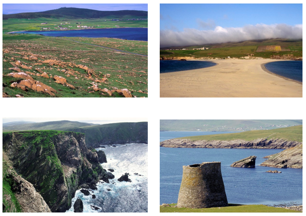 Title Page Photographs, clockwise from top left: Serpentine rocks near Haroldswick, Unst, St Ninian’s Isle tombolo, Shetland, Broch of Mousa, Shetland and Sea cliffs and Hermaness NNR, Unst.