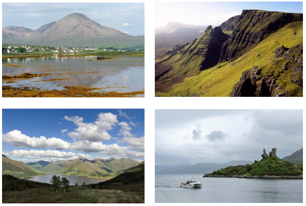 Title Page Photographs, clockwise from top left: Broadford and Ben na Caillich from Waterloo, The Trotternish Ridge on the Isle of Skye. Loch Duich Kintail, and Caisteal Maol, Kyleakin. 