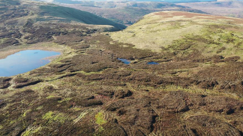 Talla, Gameshope and Carrifran peatland restoration site displaying a hilly landscape with small lakes among the peatland 