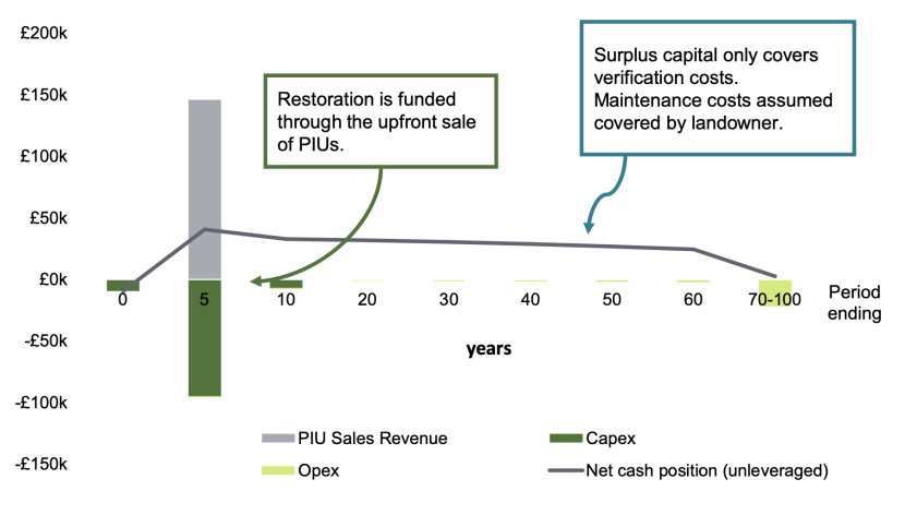 Graph showing the proposed cashflow output of the base case peatland restoration funding scenario. The key outputs of the graph are described in the text 