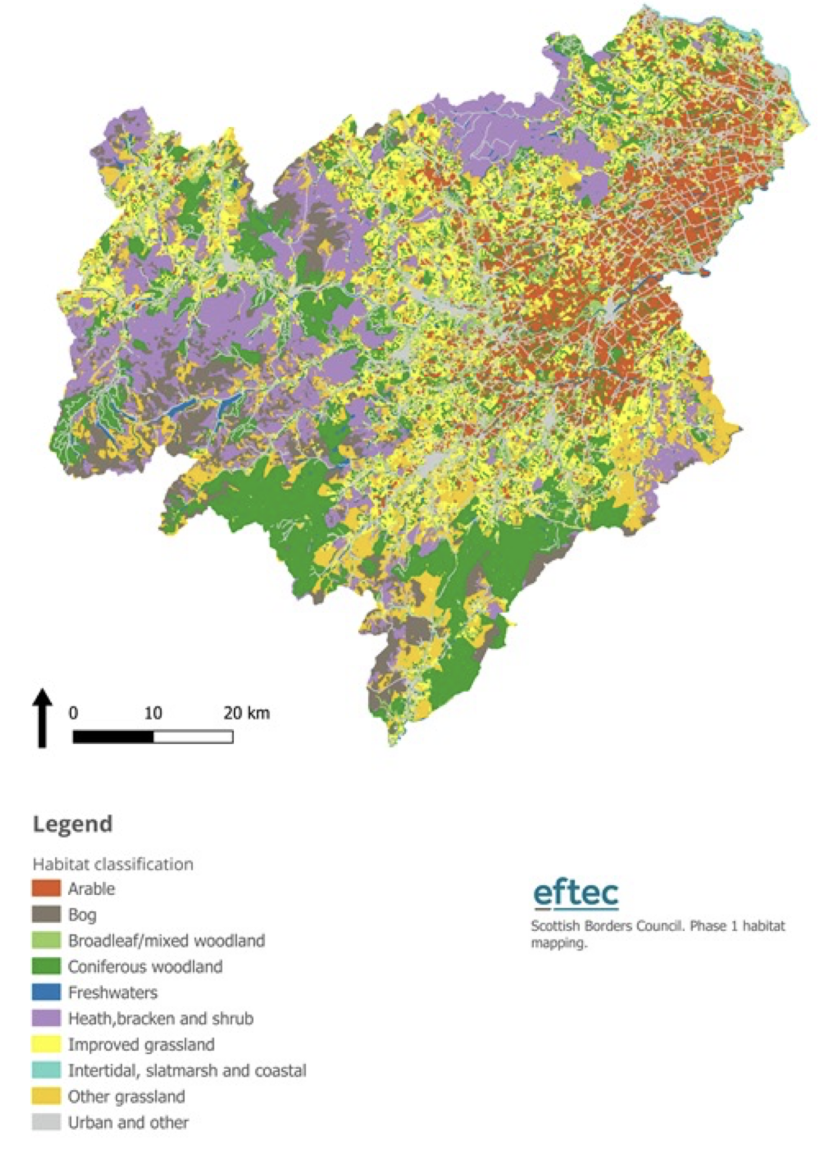 This spatial map shows the various habitat types within the Scottish Borders