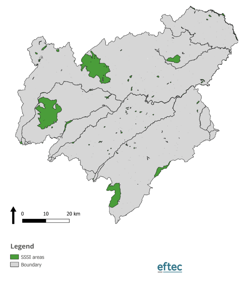 This map shows the area of SSSI sites within the Scottish Borders.