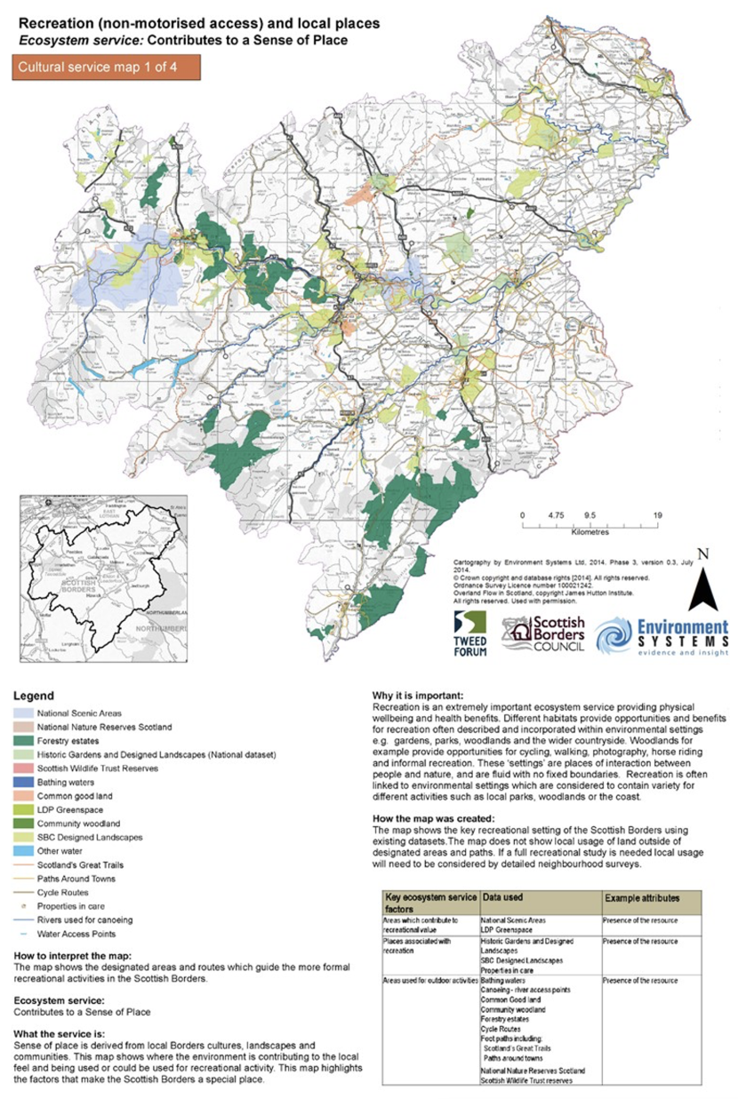 This map shows some key recreational assets in the Scottish Borders, including forest estates, nature reserves, national scenic areas, historic gardens and green spaces.