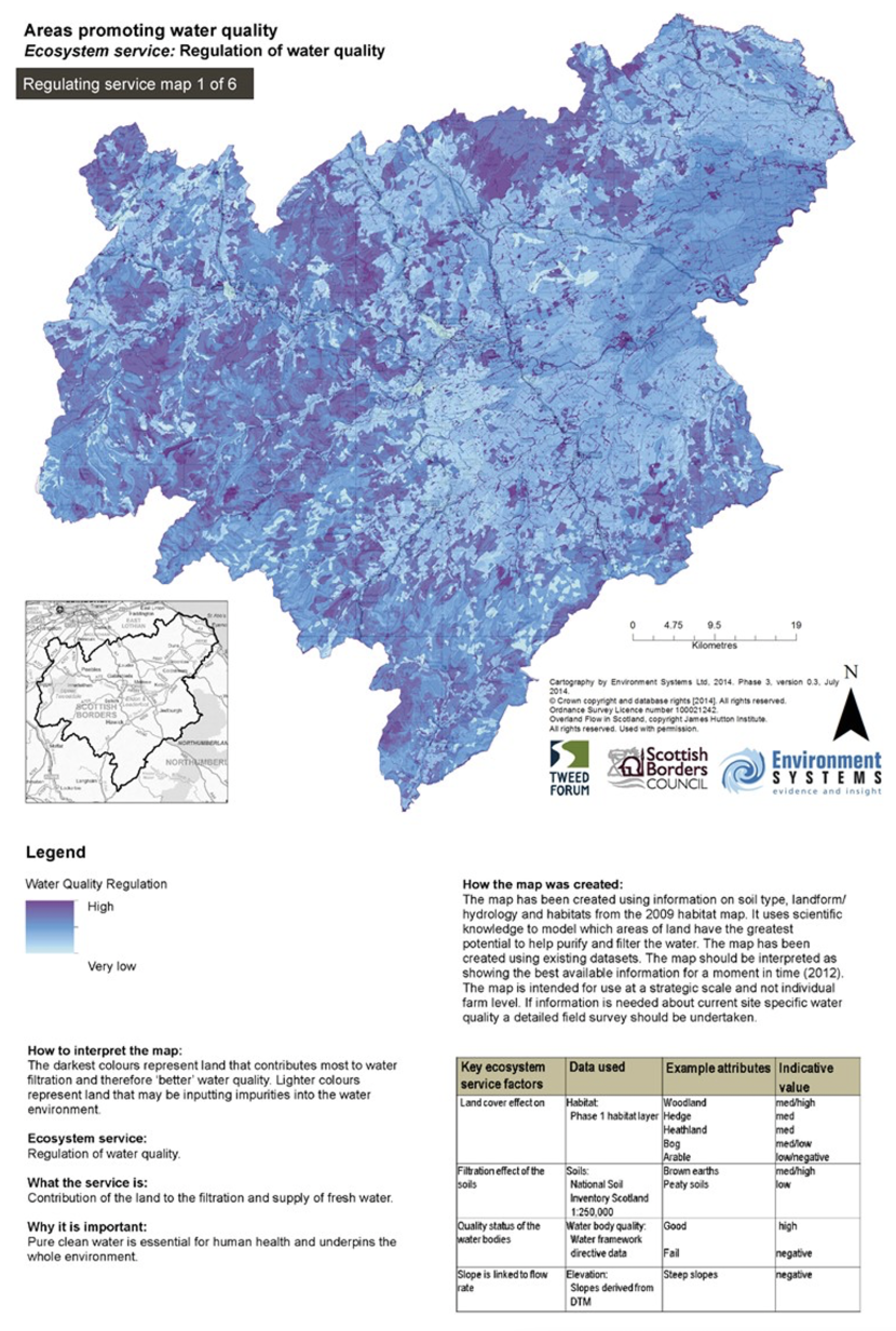 This maps shows the contribution of land area to water quality within the Scottish Borders. The darker areas represent land that contributes most to water filtration and hence water quality.