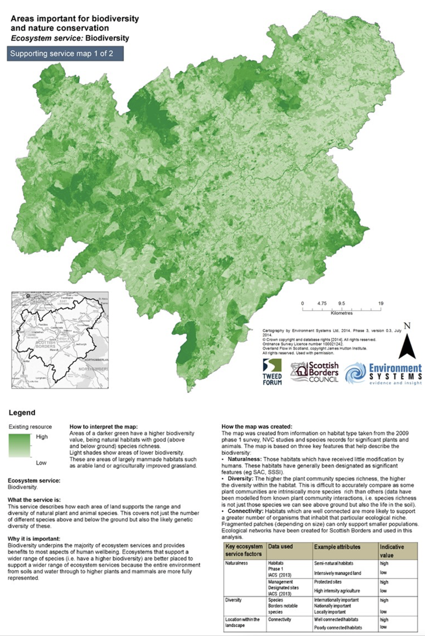 This map shows the areas of degree of importance for biodiversity within the Scottish Borders. Darker green areas have a higher biodiversity value, whilst lighter green colour has a relatively low value.