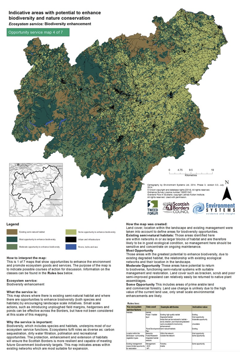 This map provides an indication of the areas with greatest potential for biodiversity enhancement in the Scottish Borders. In addition to existing semi-natural habitat, the map shows areas with most, moderate or some opportunity for biodiversity enhancement.