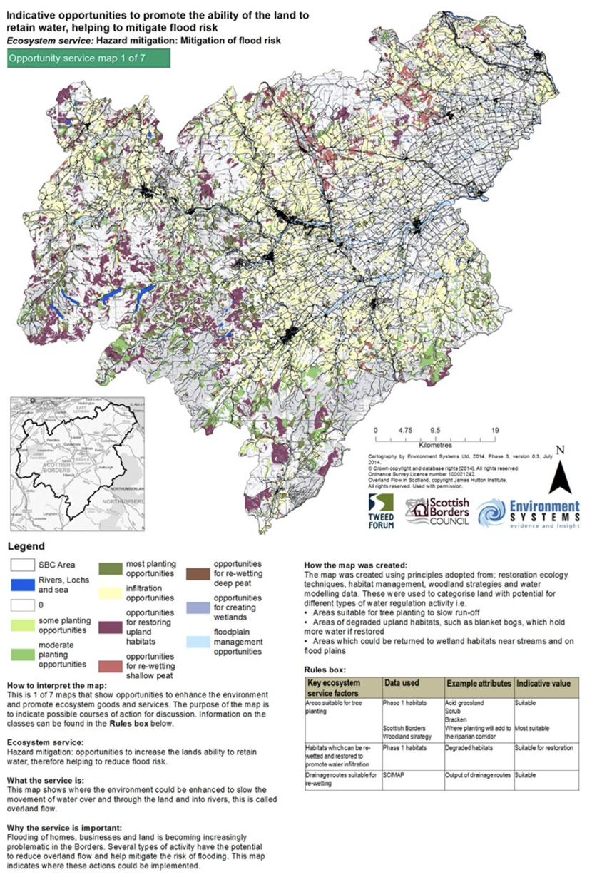 This map provides indications of areas suitable for different types of natural flood mitigation opportunities, including tree planting, restoring uplands, creating wetlands and flood plain management opportunities.