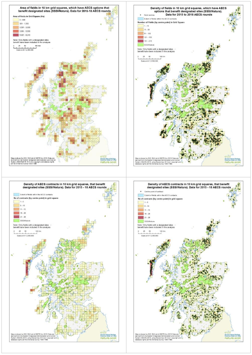 Set of four maps of Scotland showing density of AECS contracts in 10 km squares that benefit designated sites