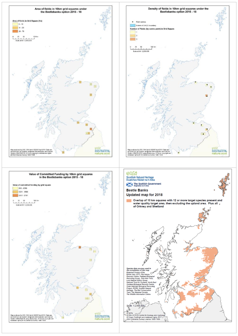 Set of four maps of Scotland showing area of fields in 10 km squares under the beetlebanks option