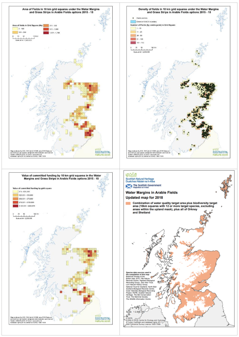 Set of four maps of Scotland showing area of fields in 10 km squares under the water margins and grass strips in arable fields options
