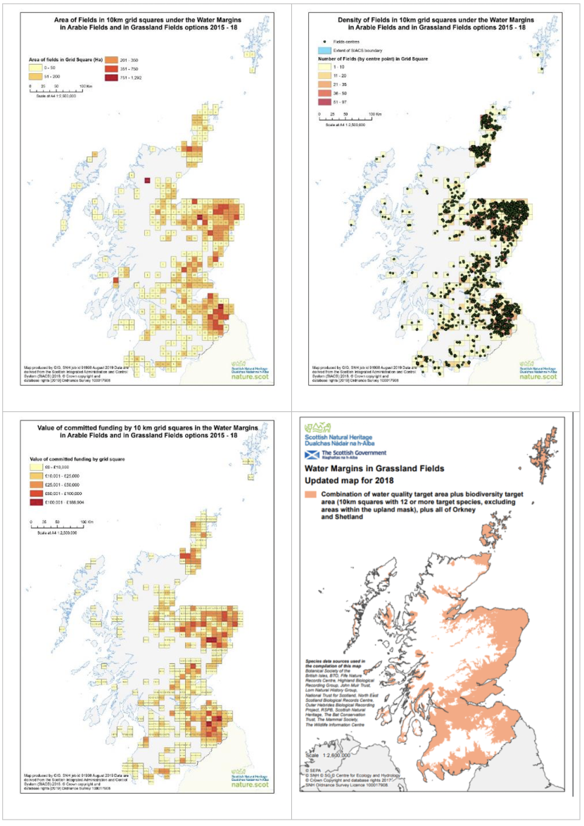 Set of four maps of Scotland showing area of fields in 10 km squares under the water margins in arable fields and in grassland fields combined options