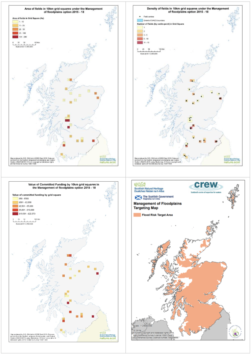Set of three maps of Scotland showing area of fields in 10 km squares under the management of floodplains option