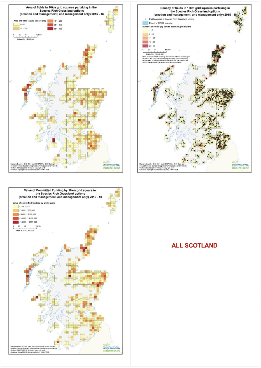 Set of three maps of Scotland showing area of fields in 10 km squares under the species rich grasslands options (creation and management only)