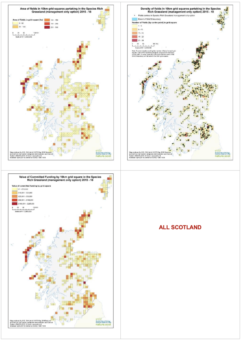 Set of three maps of Scotland showing area of fields in 10 km squares under the species rich grasslands options (management only)