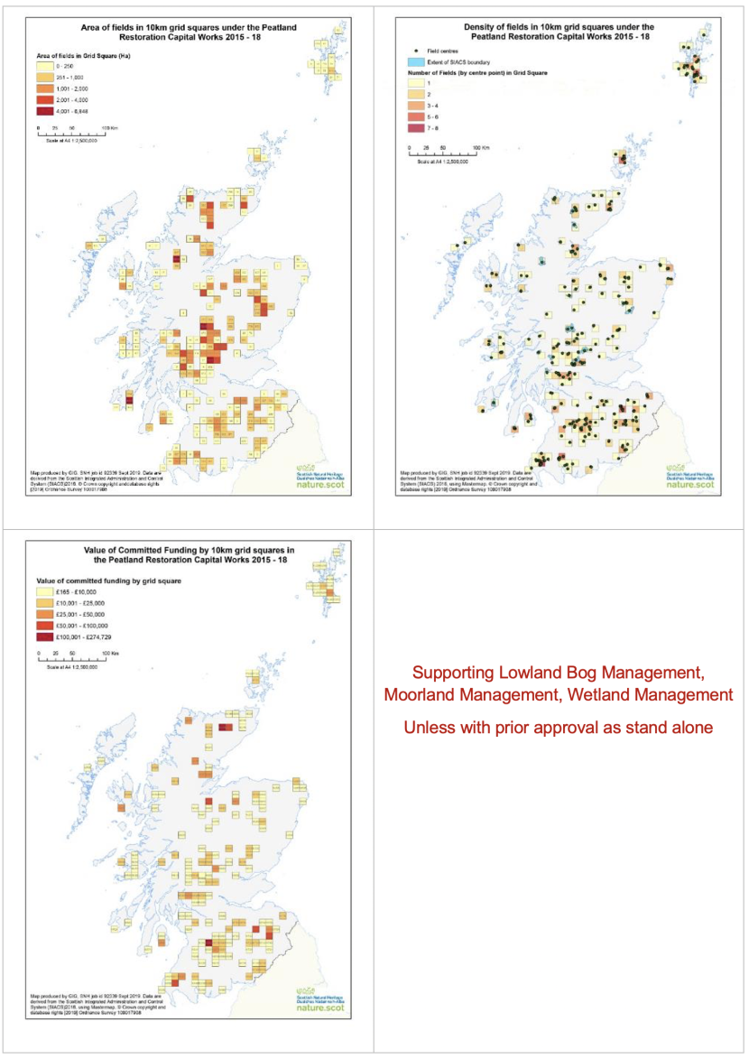 Set of three maps of Scotland showing area of fields in 10 km squares under the peatland restoration capital works