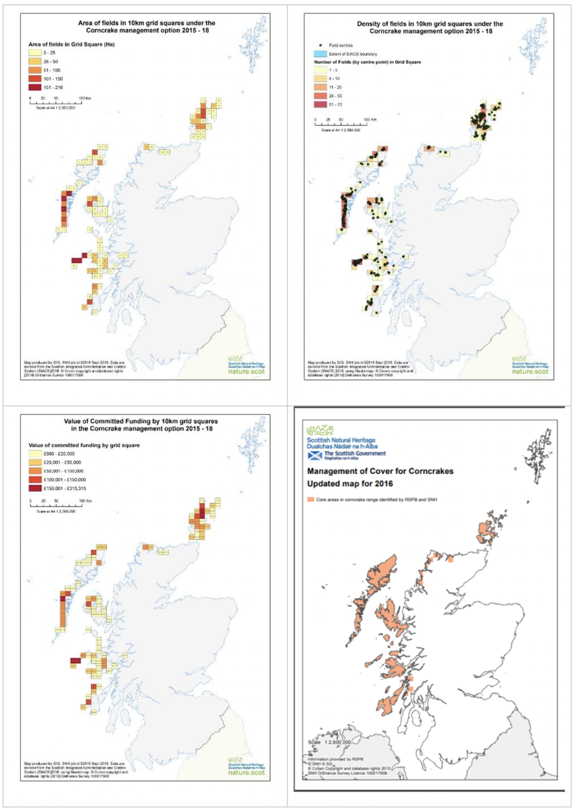 Set of four maps of Scotland showing area of fields in 10 km squares under the corncrake management option