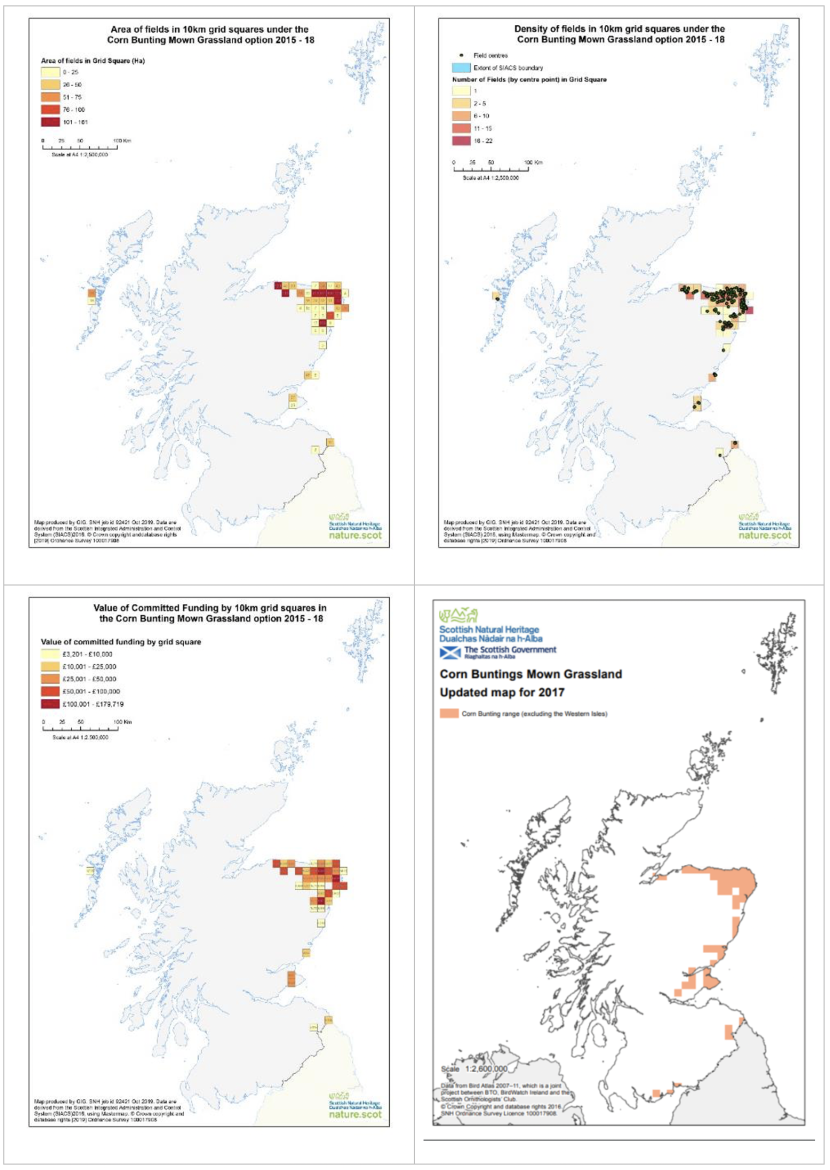 Set of four maps of Scotland showing area of fields in 10 km squares under the corn bunting mown grassland option
