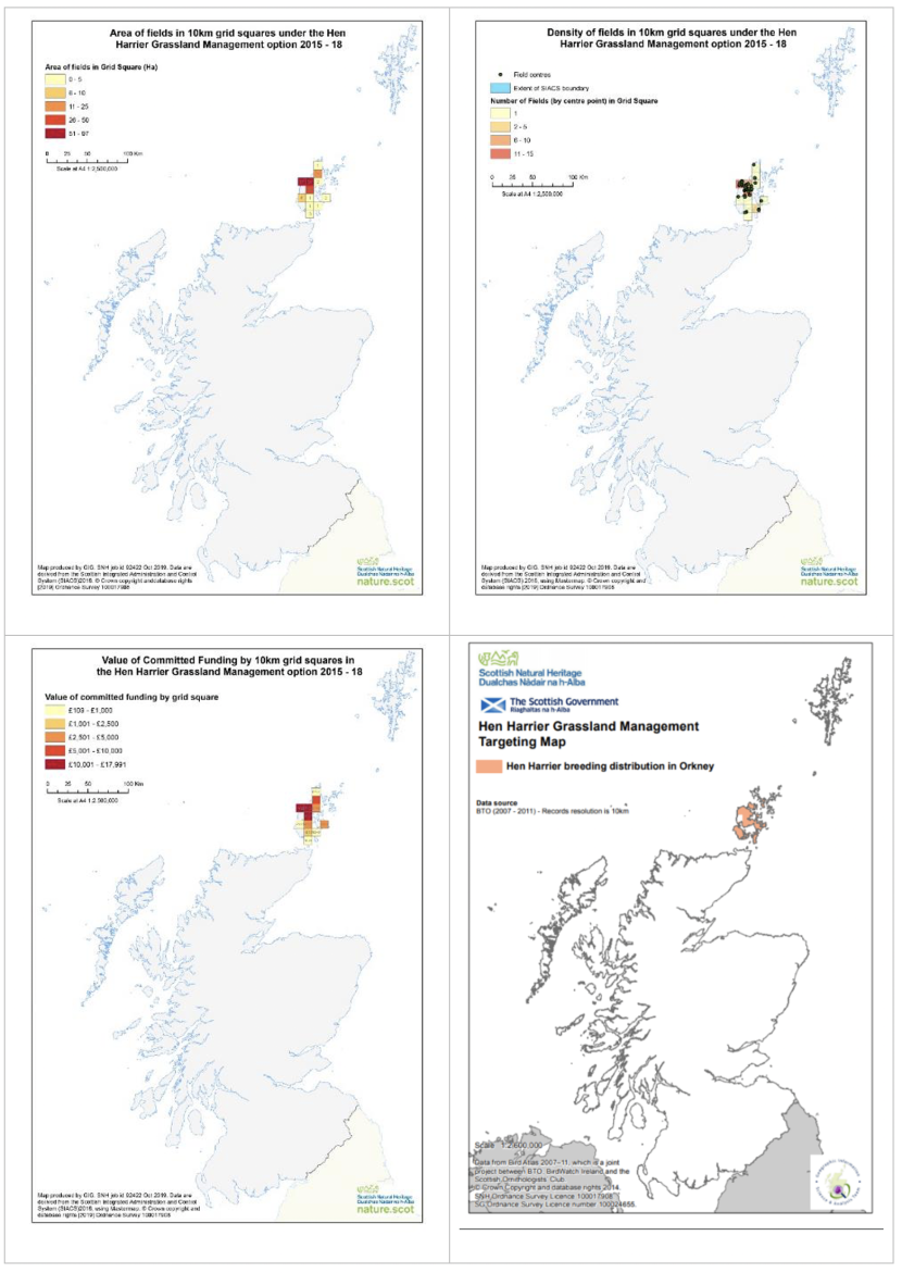 Set of four maps of Scotland showing area of fields in 10 km squares under the hen harrier grassland management option 