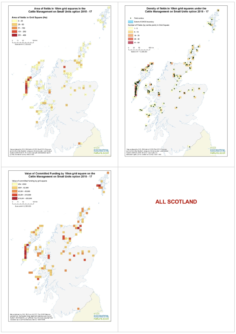 Set of three maps of Scotland showing area of fields in 10 km squares under the cattle management and small units options