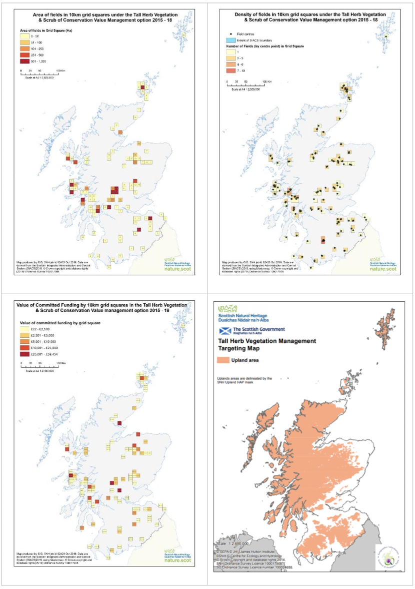 Set of four maps of Scotland showing area of fields in 10 km squares under the tall herb vegetation and scrub of conservation value management option