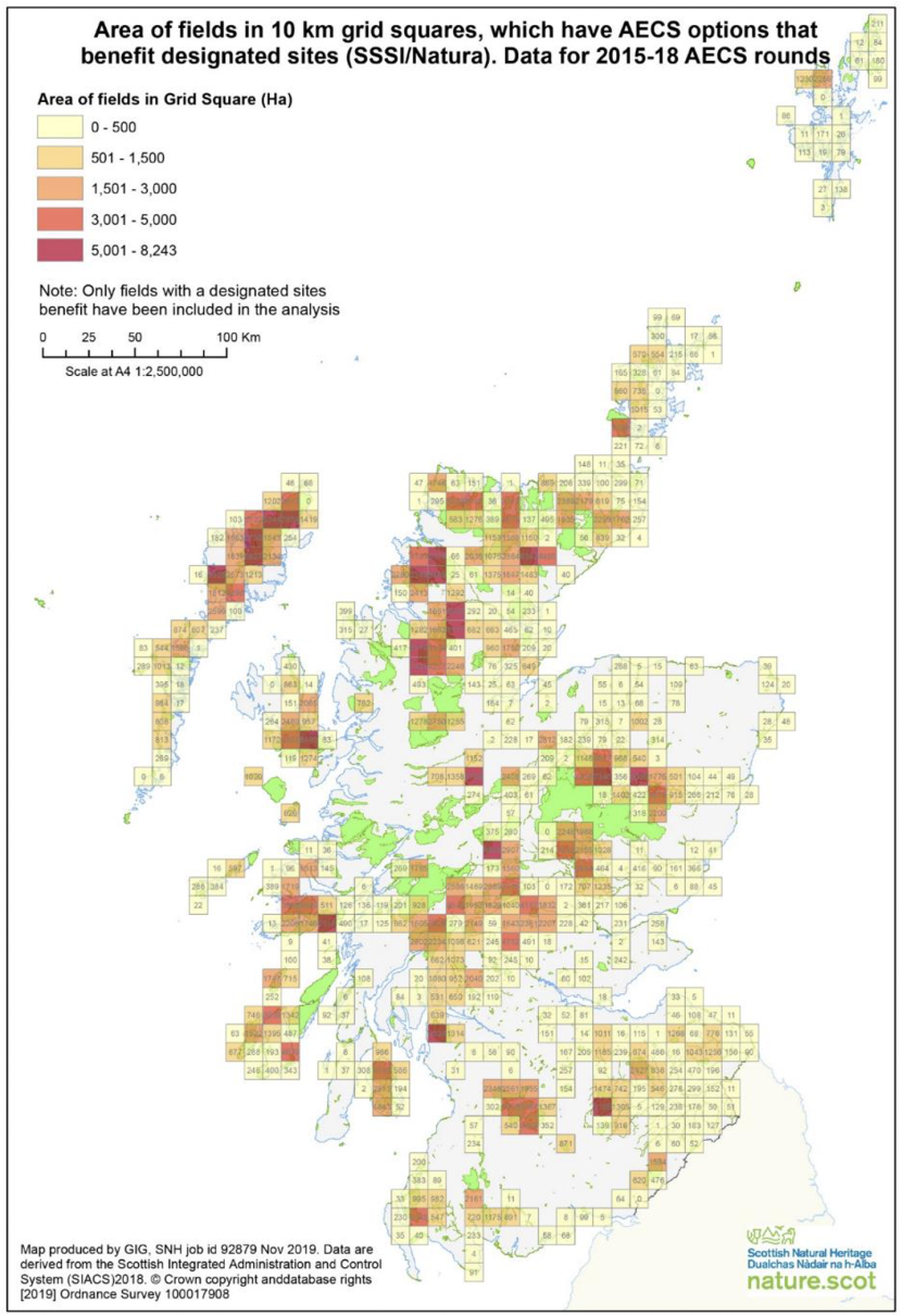 Map of Scotland showing area of fields in 10 km grid squares, which have AECS options that benefit designated sites