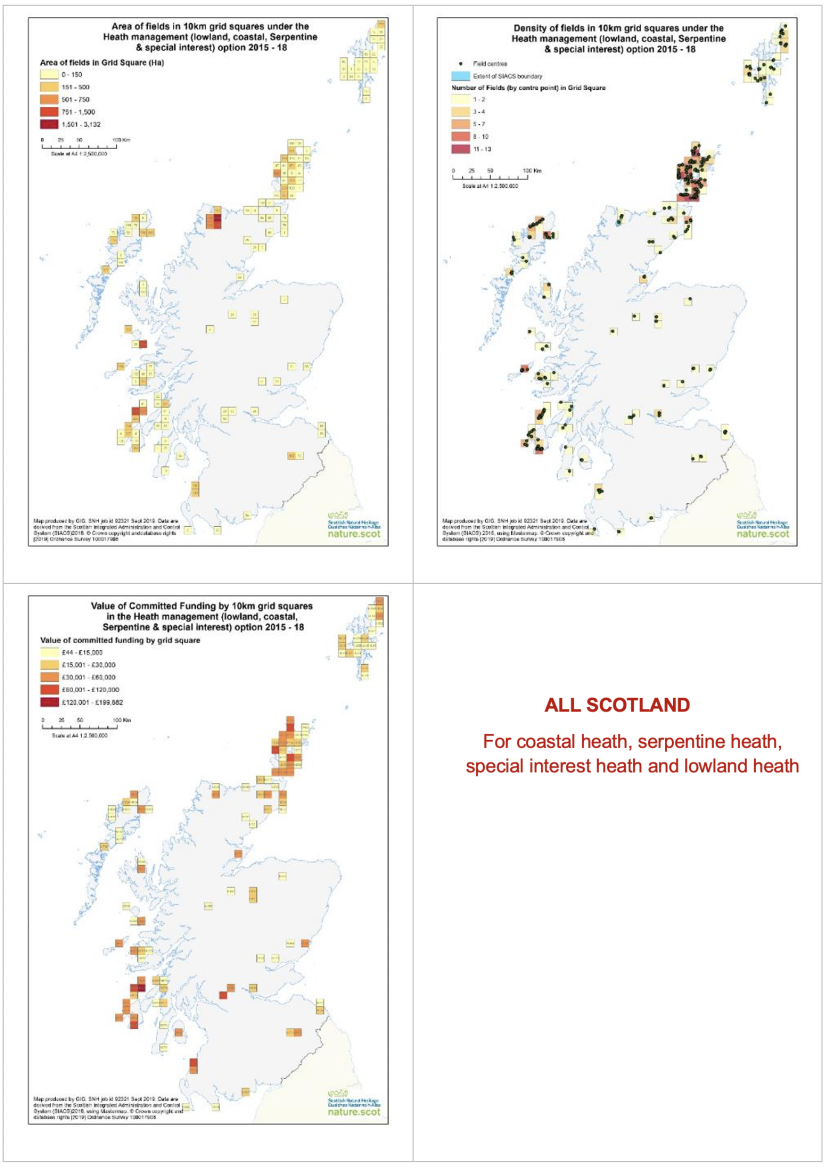 Set of four maps of Scotland showing area of fields in 10 km squares under the heathland management (lowland, coastal, serpentine and special interest) option