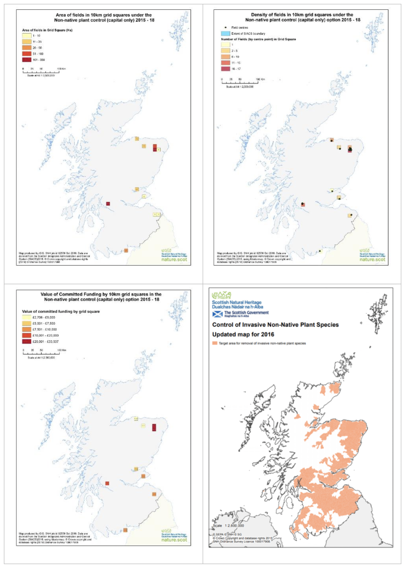 Set of four maps of Scotland showing area of fields in 10 km squares under the non-native plant control (capital only) option