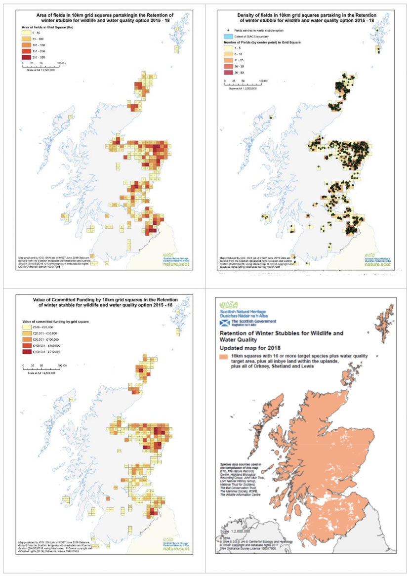Set of four maps of Scotland showing area of fields in 10 km squares partaking in the retention of winter stubble for wildlife and water quality