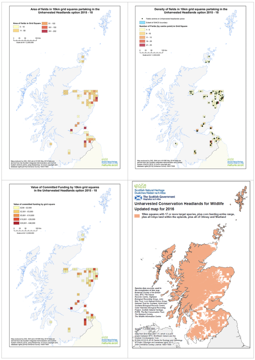 Set of four maps of Scotland showing area of fields in 10 km squares partaking in the unharvested headlands option