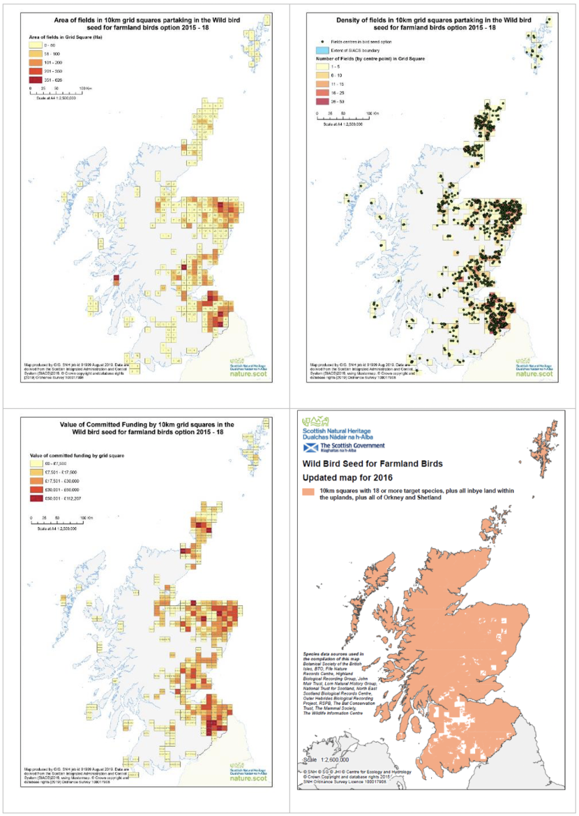Set of four maps of Scotland showing area of fields in 10 km squares partaking in the wild bird seed for farmland birds option