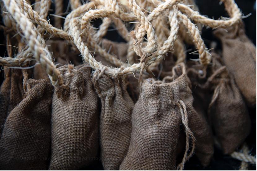 Hessian bags attached to biodegradeable rope