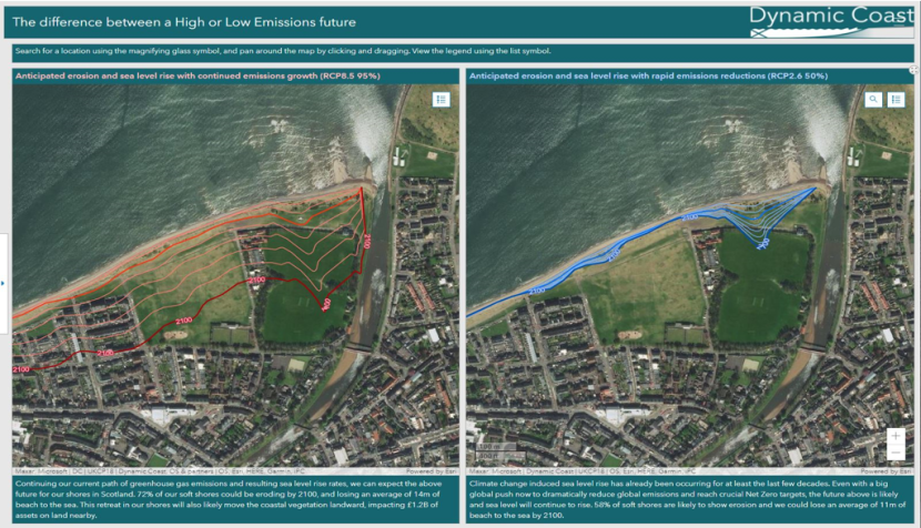 Side by side maps showing high versus low emissions figures and it's impact on sea level changes and property damage.