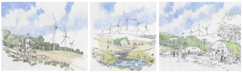 Display designs for Hagshaw energy cluster, showing the wind turbines in the background of various aspects of the landscape.