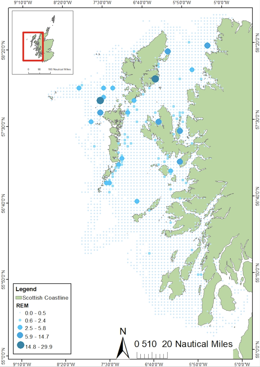 Map of the west coast of Scotland from the Firth of Clyde to Cape Wrath including the Outer Hebrides. Blue dots distributed throughout indicating risk of entanglement.