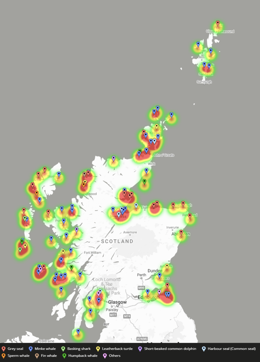 Map of Scotland with heat patches distributed around the coastline.