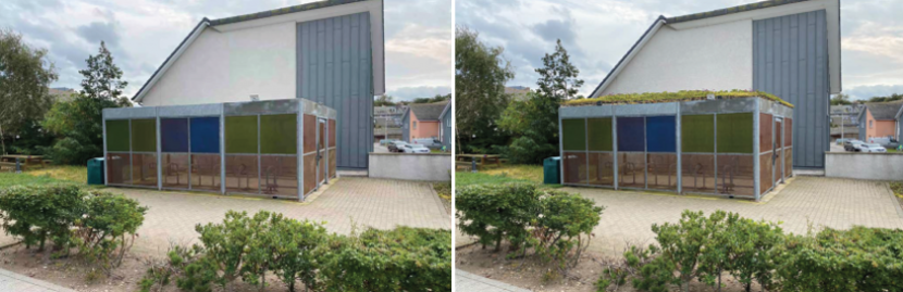 The ‘before’ photograph shows the cycle shelter and surrounding pedestrian area with the bare office wall behind it.  The ‘after’ shows the shelter with the green roof installed.