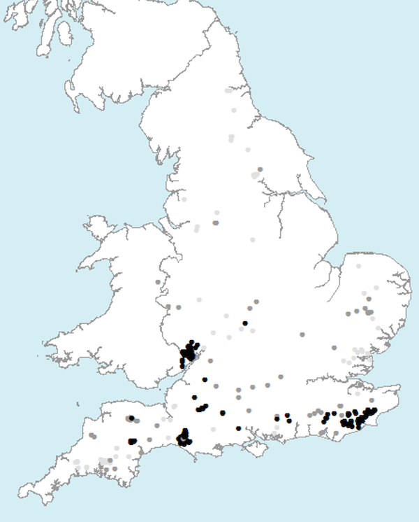 map of sites where free-ranging wild boar reported in England from 1994 to 2014