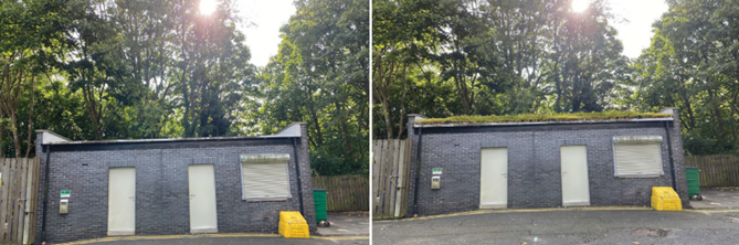 The ‘before’ photograph shows the utility building.  The ‘after’ shows the building with the green roof installed.
