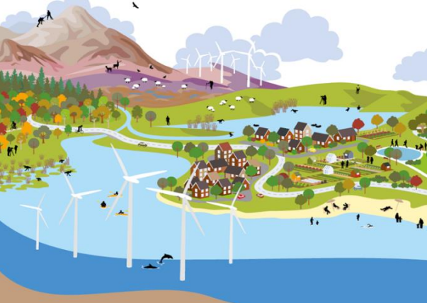 Drawing of wind turbines in sea, on land and in mountains.