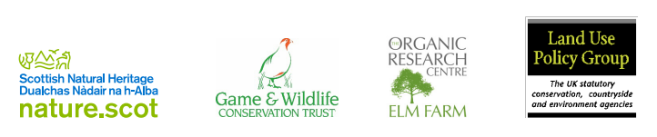 Logo for NatureScot, Game & Wildlife Conservation Trust, Organic Research Centre, Land Use Policy Group