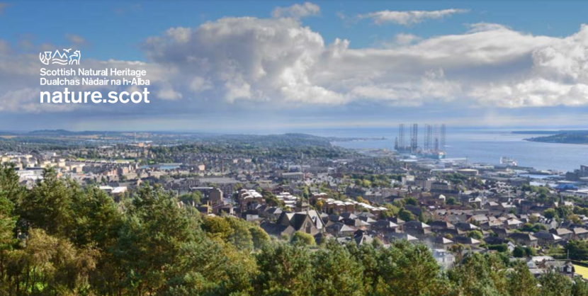 View from Dundee Law including woodland, urban area and the coast
